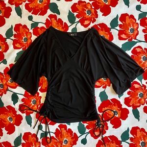 BCX Y2K Black Vintage Medium Stretch Top Vline Cut w/ Bishop Sleeves Made in USA